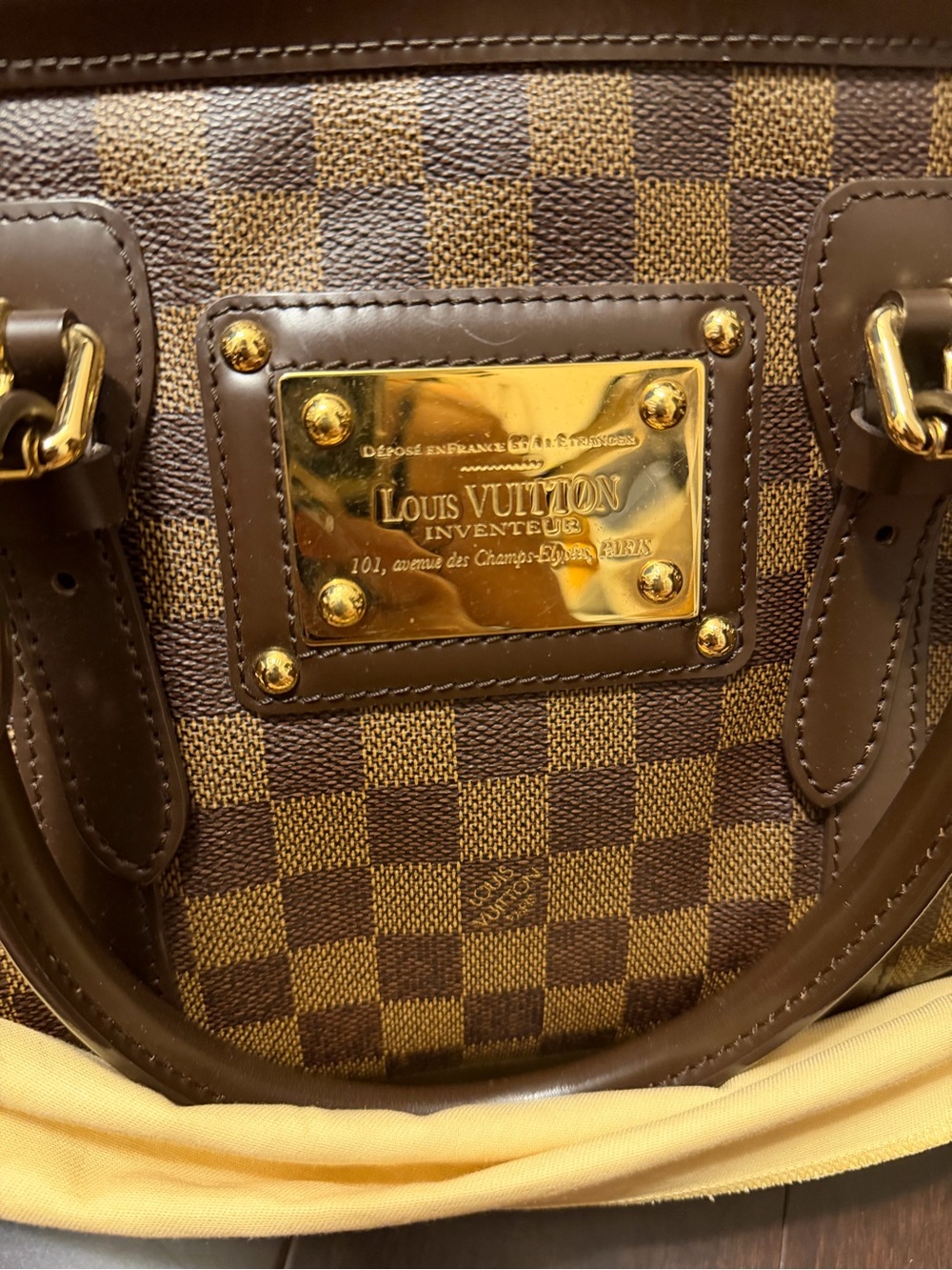 Louis Vuitton Brown Damier Ebene Checkered Satchel with Gold Plaque - Picture 8 of 9